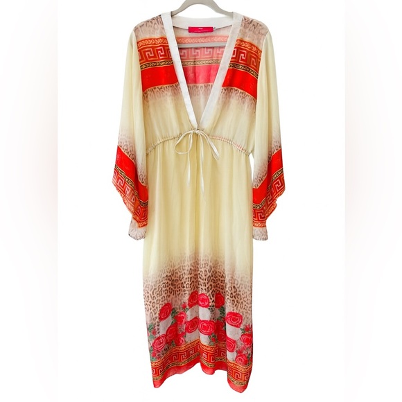 motek Dresses & Skirts - Boho Sheer Kaftan Kimono Dress Cover Up Leopard Rose Print Grecian Border Medium